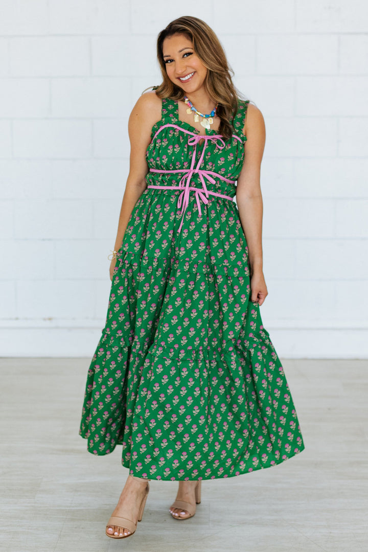 GREEN BLOCK PRINT MIDI DRESS