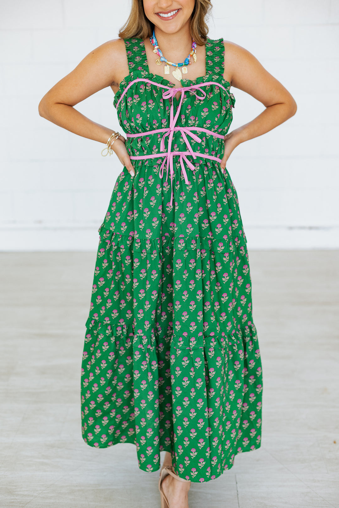 GREEN BLOCK PRINT MIDI DRESS