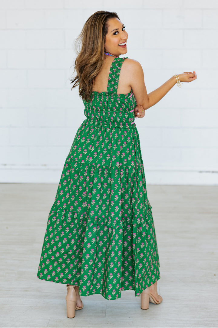 GREEN BLOCK PRINT MIDI DRESS
