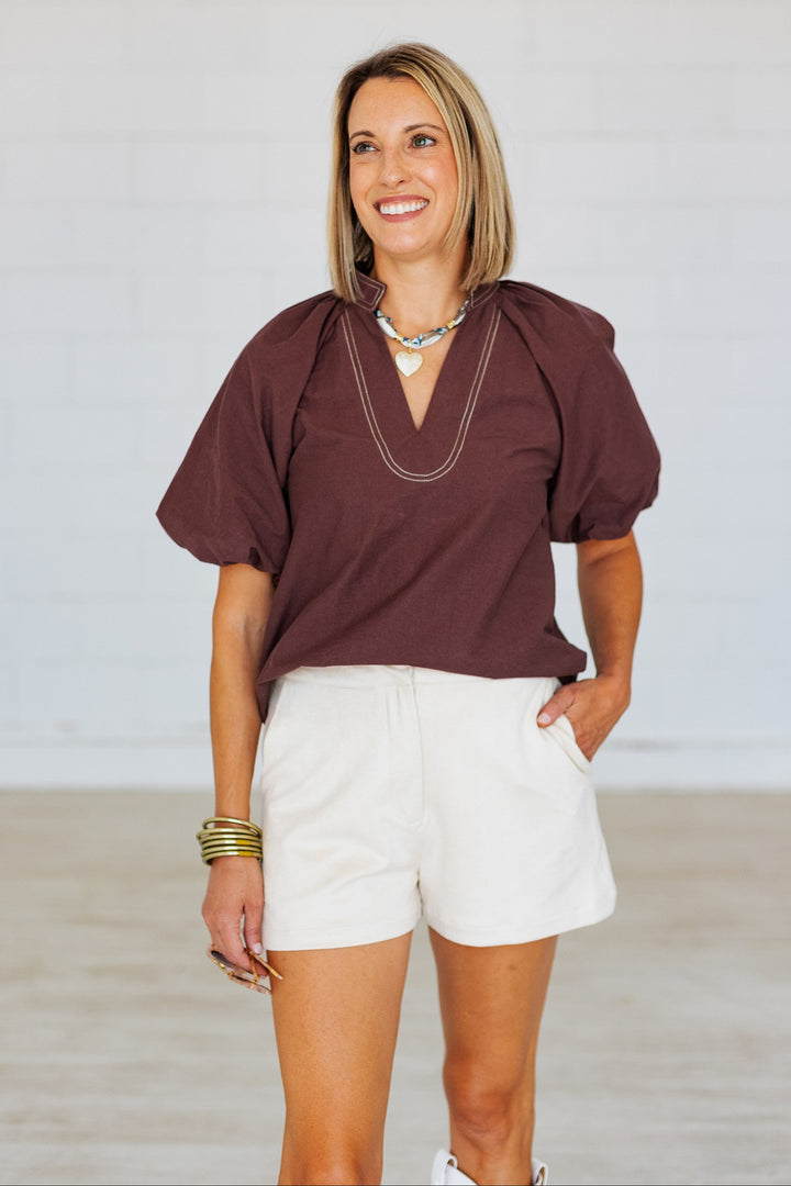 CHOCOLATE BROWN POPLIN PUFF SLEEVE TOP