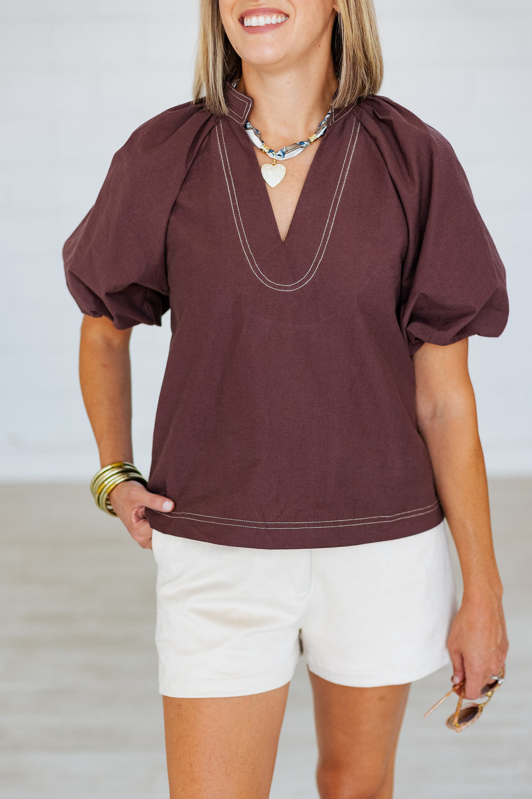 CHOCOLATE BROWN POPLIN PUFF SLEEVE TOP