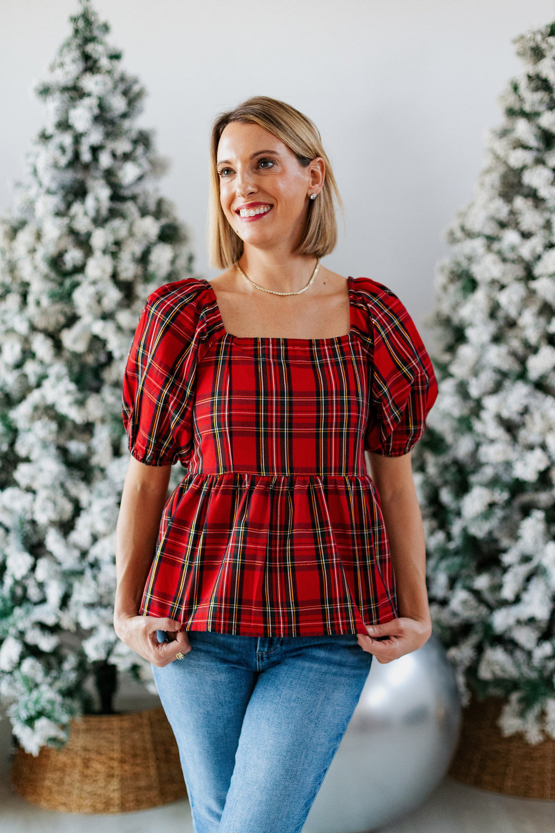 HOLIDAY RED PLAID PEPLUM TOP
