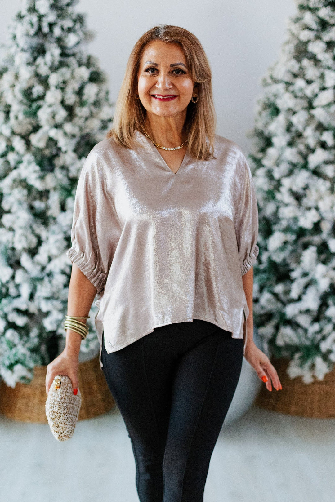 CHAMPAGNE METALLIC SHORTSLEEVE BLOUSE