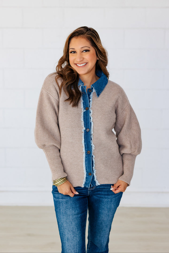 MOCHA DENIM CONTRAST BUTTON UP SWEATER