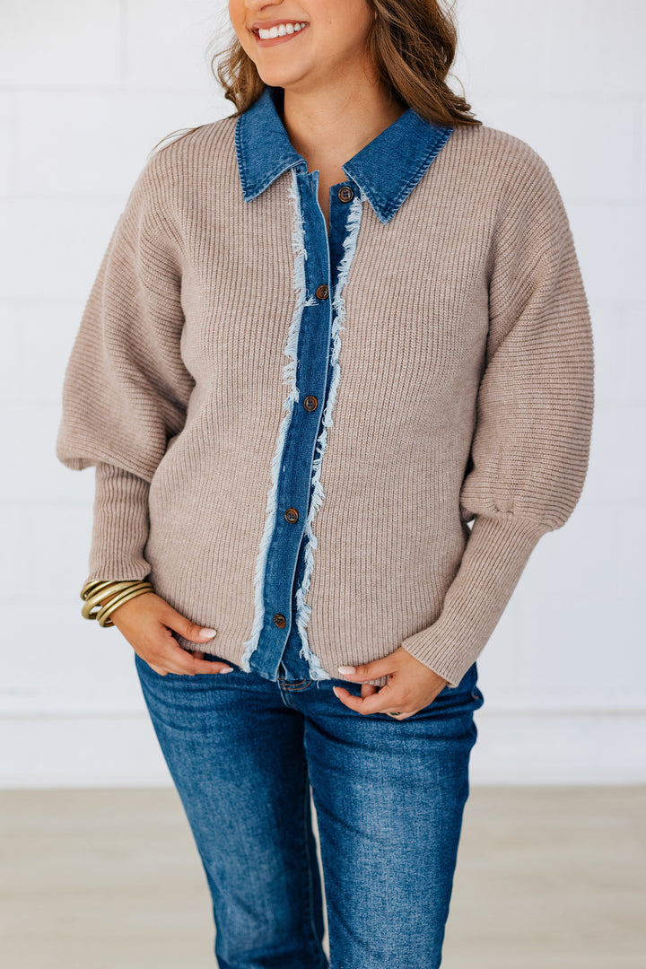 MOCHA DENIM CONTRAST BUTTON UP SWEATER