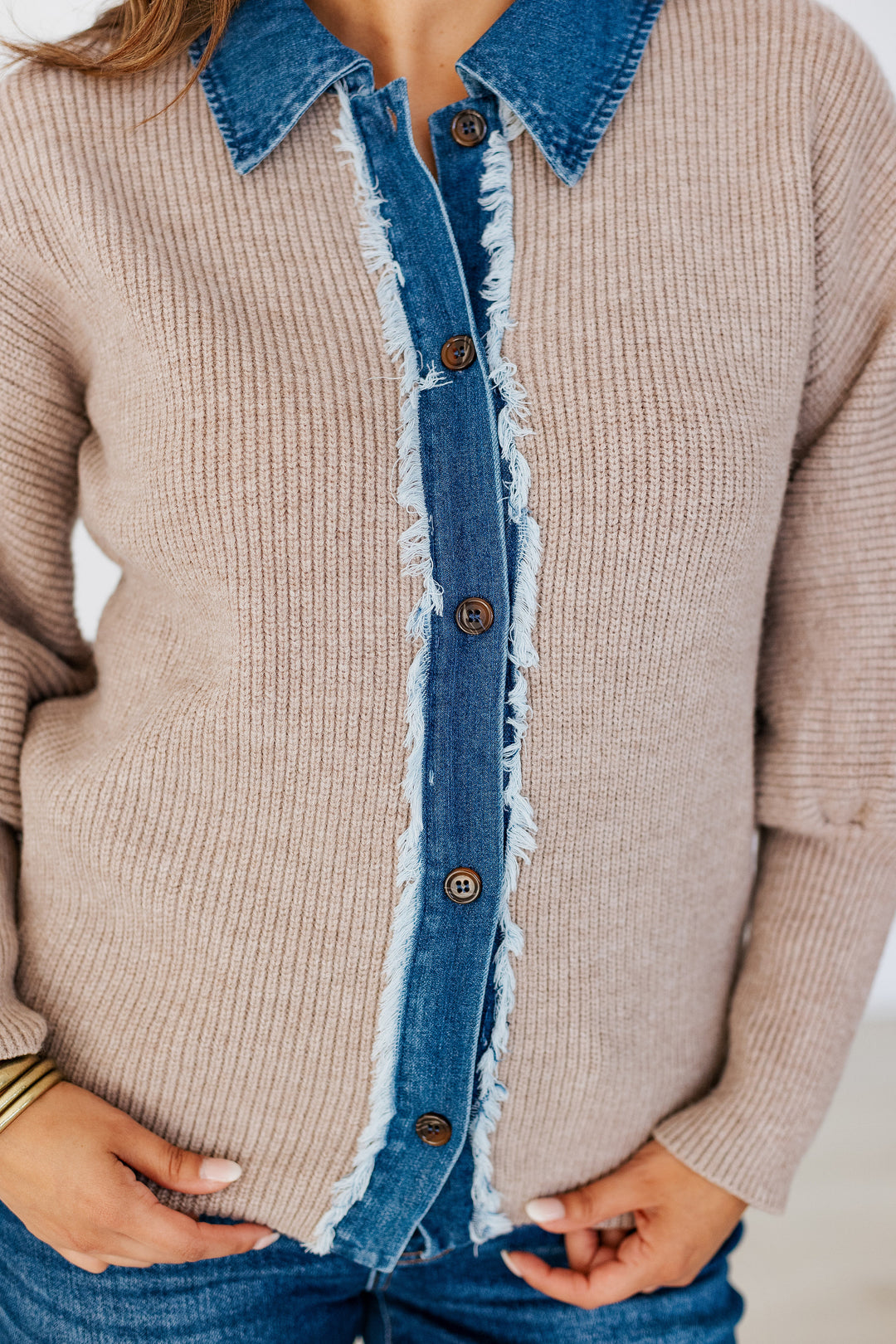 MOCHA DENIM CONTRAST BUTTON UP SWEATER