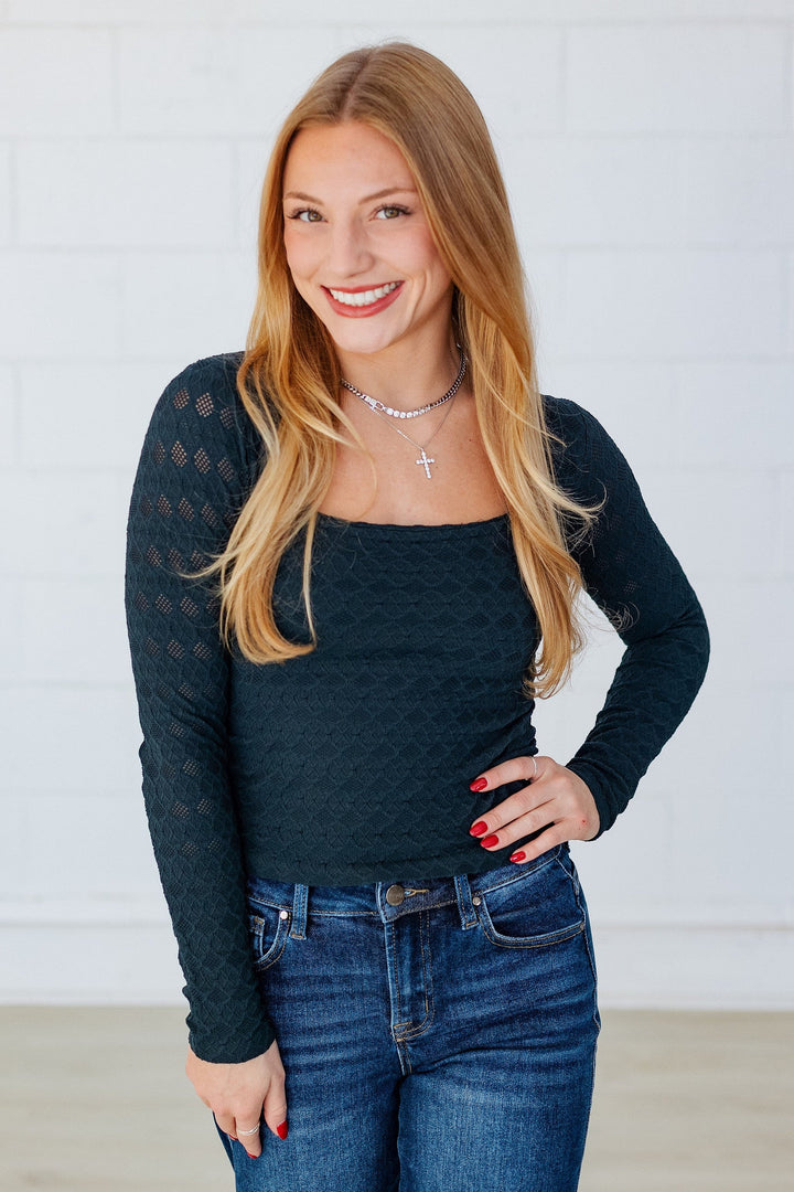 NIKIBIKI: LACE TEXTURE SQUARE NECK L/S TOP- FOREST NIGHT