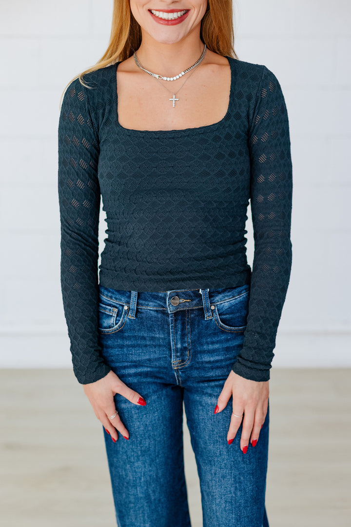 NIKIBIKI: LACE TEXTURE SQUARE NECK L/S TOP- FOREST NIGHT