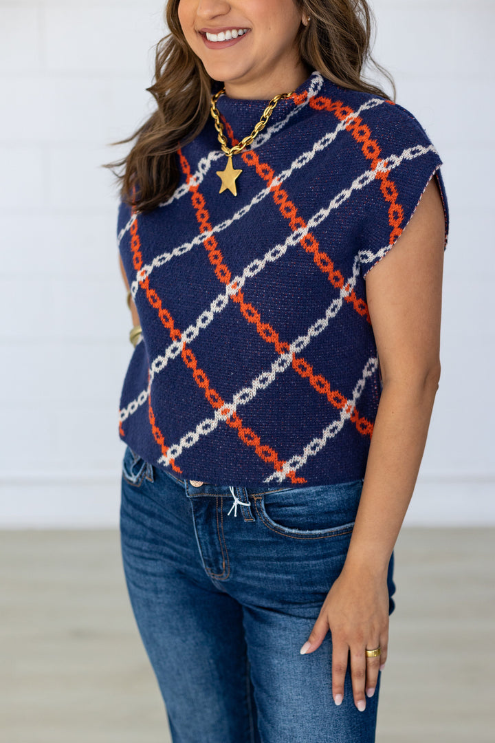 ORANGE & NAVY CHAIN PRINT SWEATER