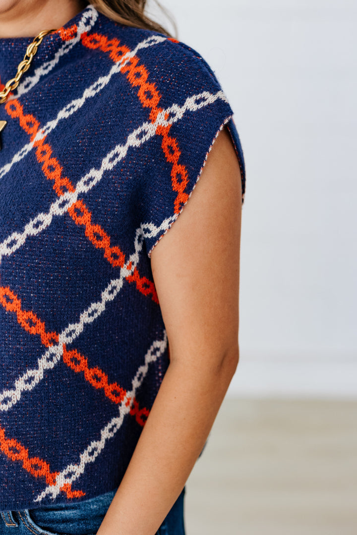 ORANGE & NAVY CHAIN PRINT SWEATER