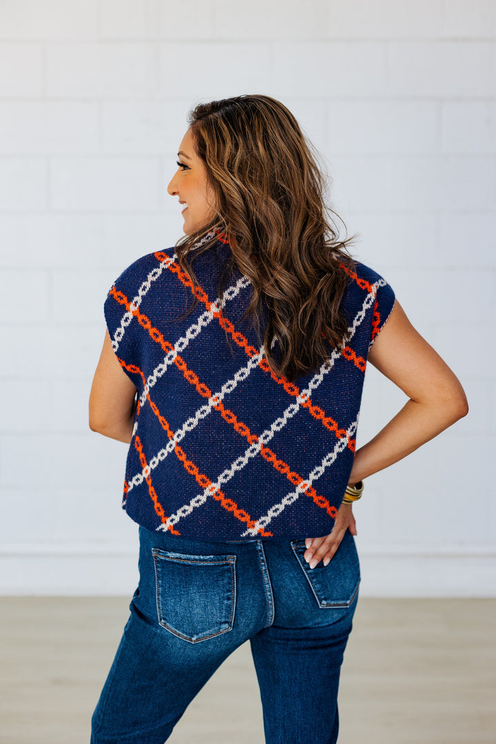 ORANGE & NAVY CHAIN PRINT SWEATER