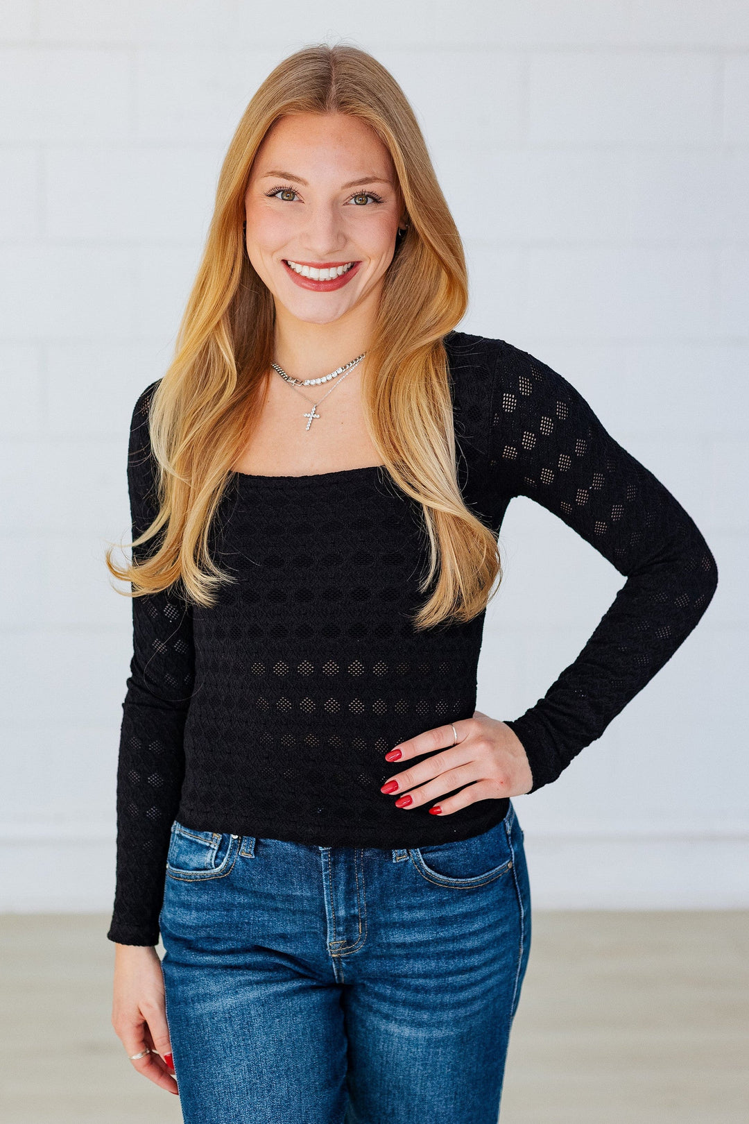 NIKIBIKI: LACE TEXTURE SQUARE NECK L/S TOP- BLACK