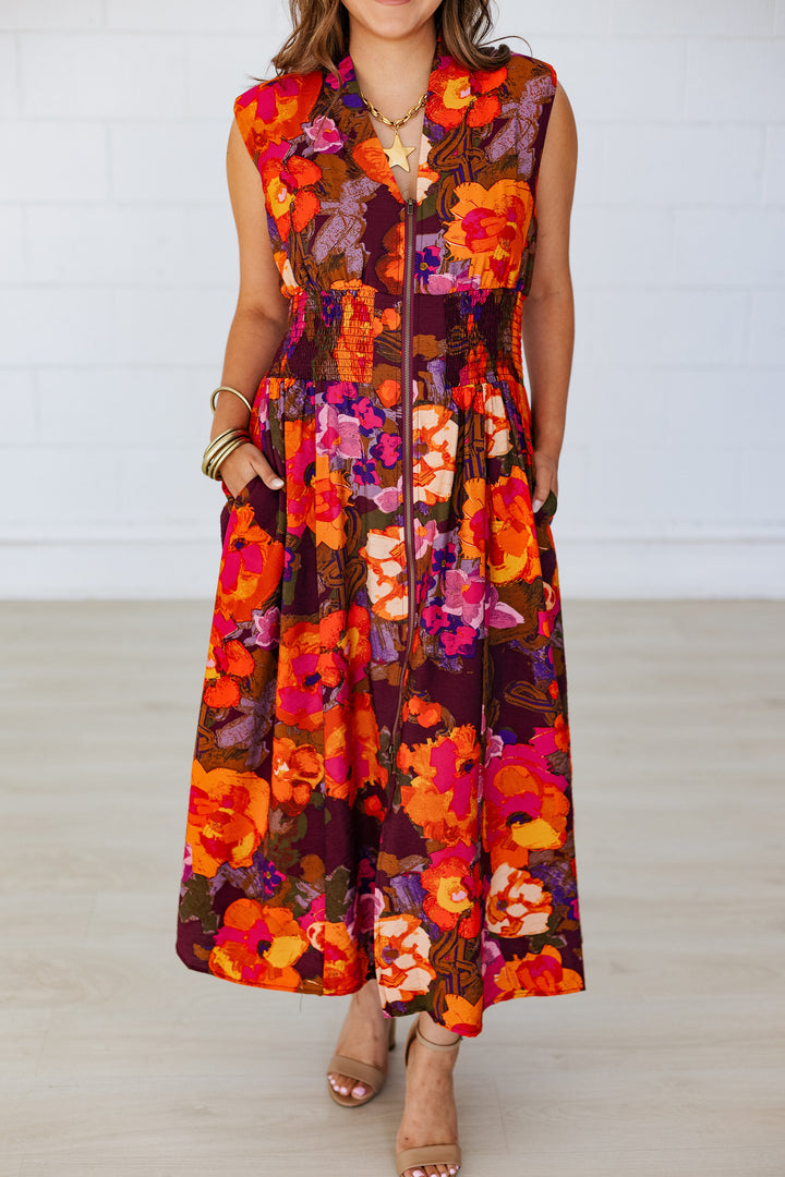 BRIGHT FALL FLORALS ZIP UP DRESS
