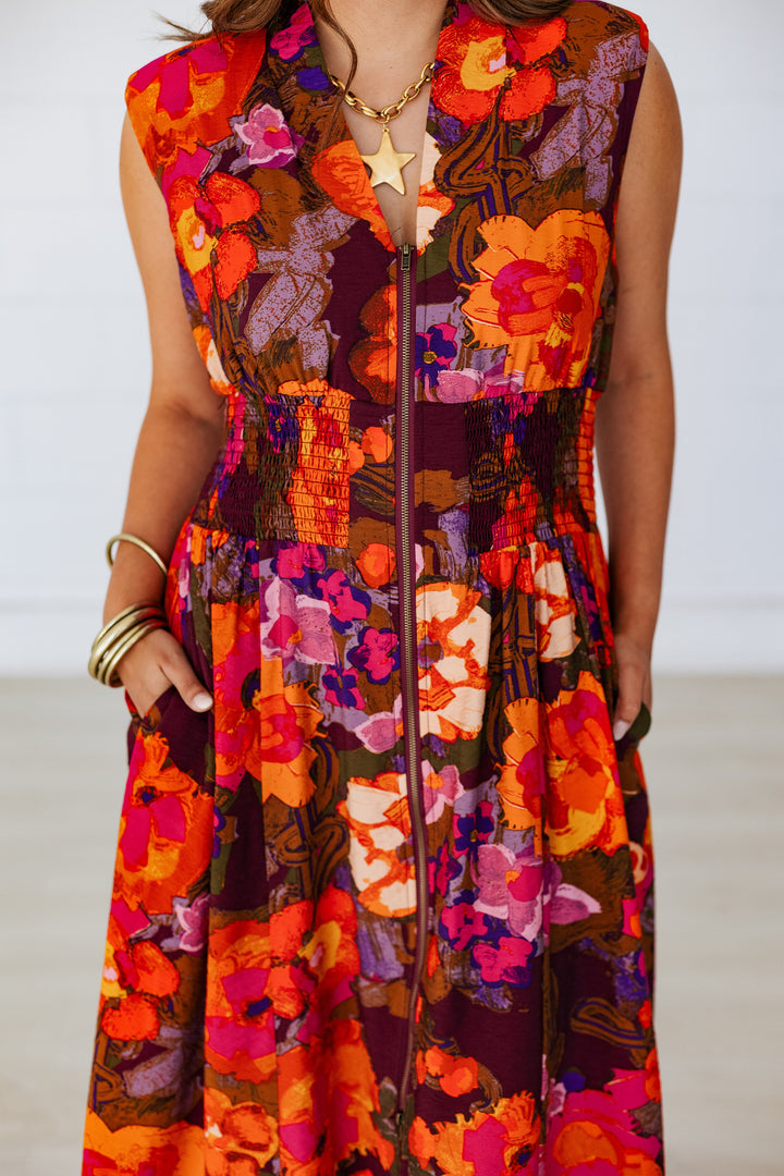 BRIGHT FALL FLORALS ZIP UP DRESS