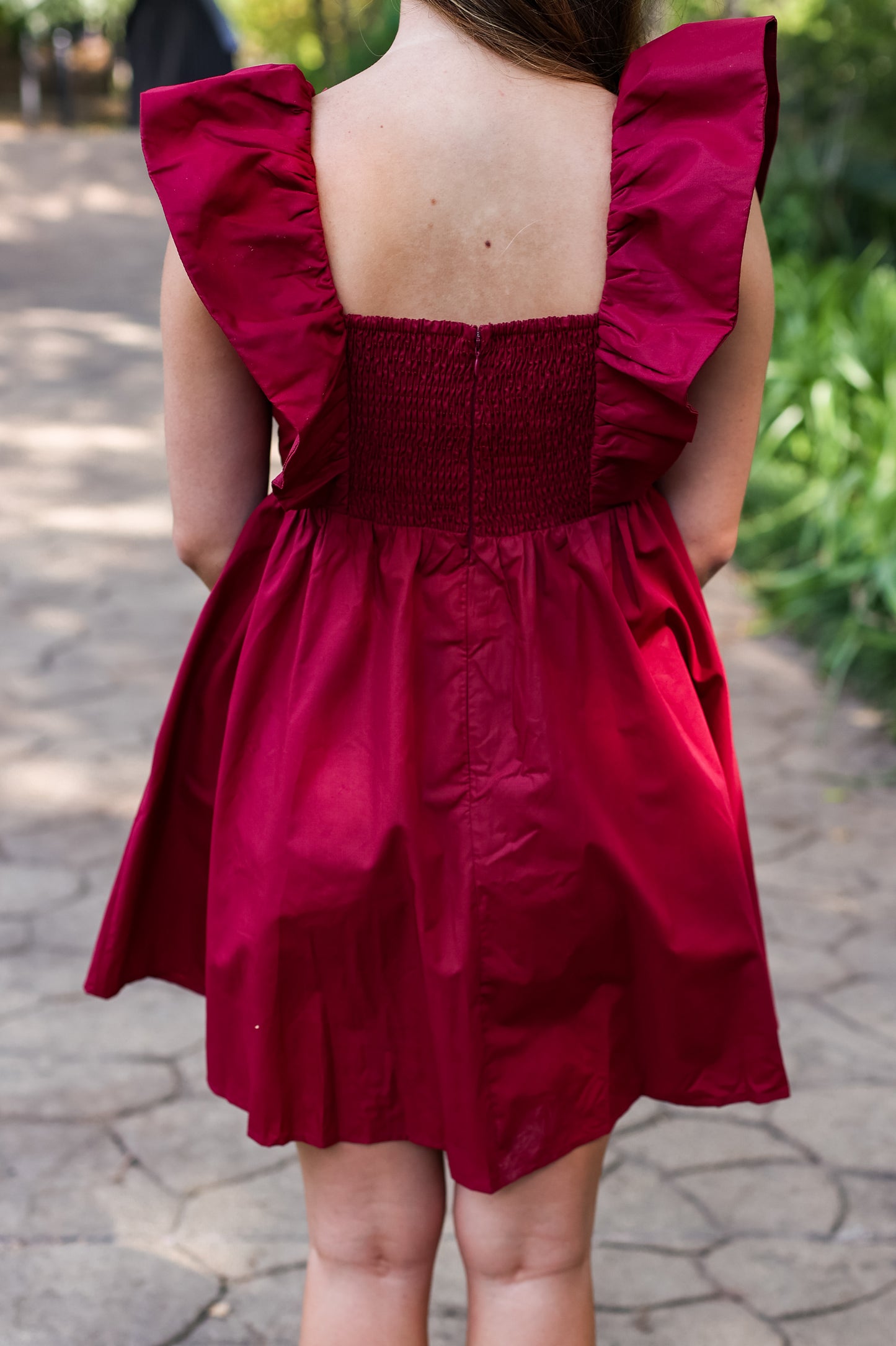 RUFFLE SLEEVE MINI DRESS: BURGUNDY