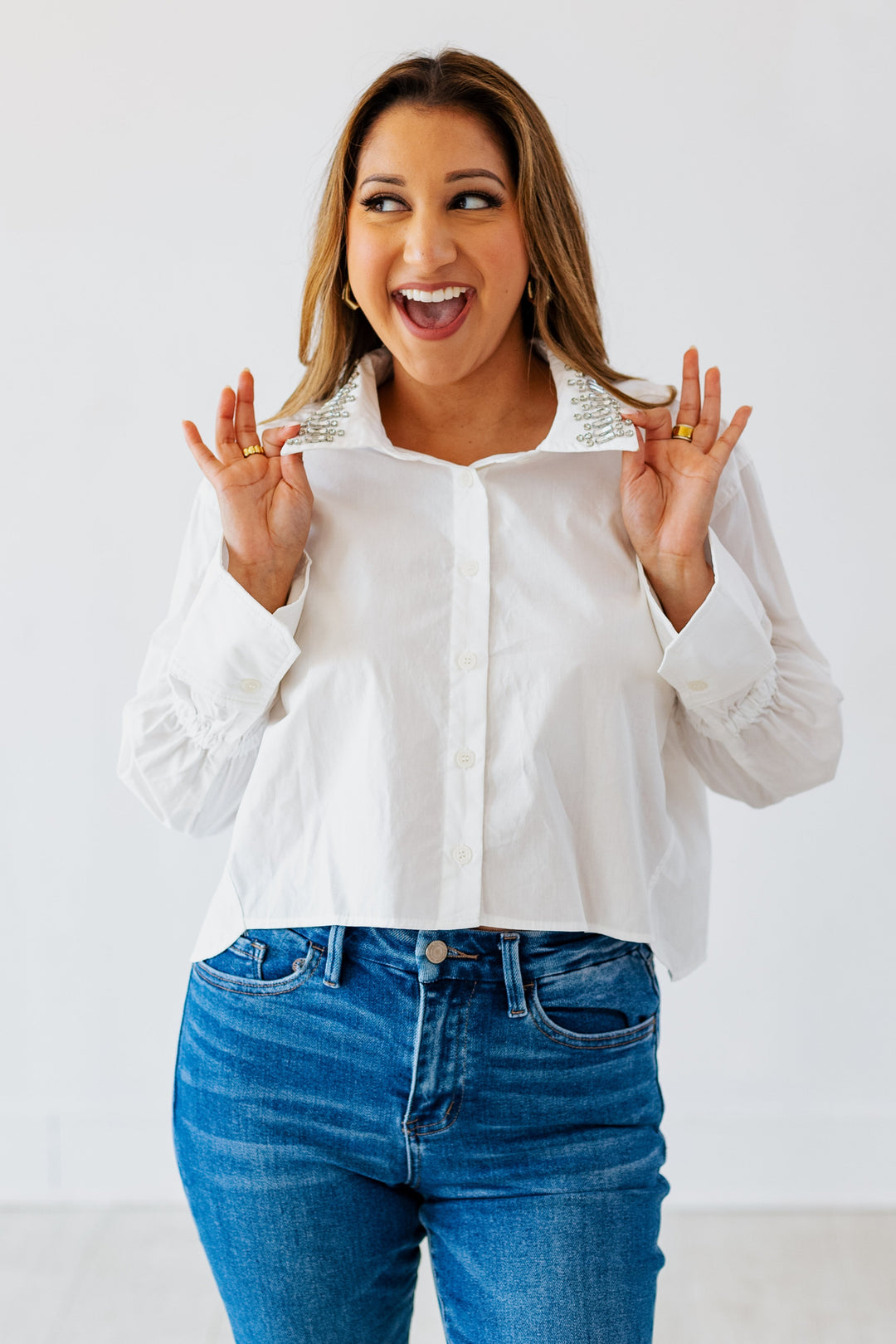 POPLIN BLOUSE WITH RHINESTONE COLLAR