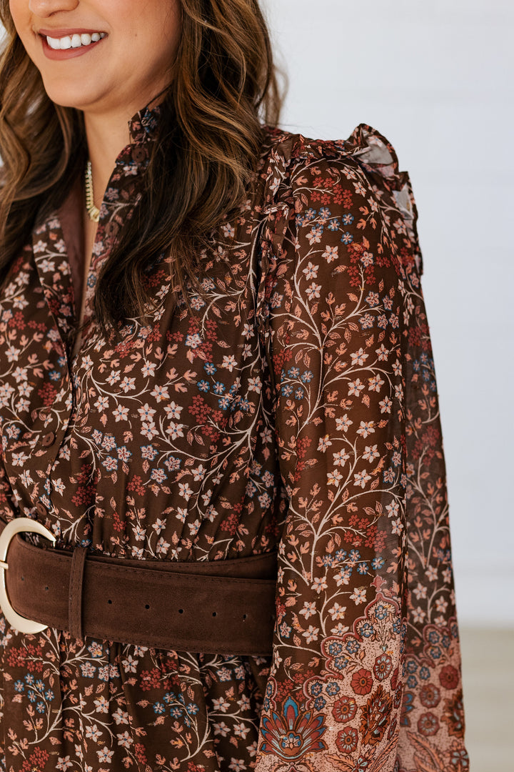 BROWN FLORAL CHIFFON TIERED MAXI DRESS