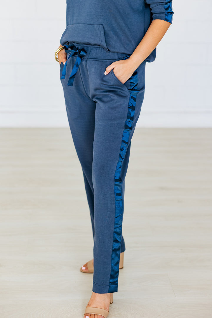 WASHED NAVY SATIN TRIM LOUNGE PANT