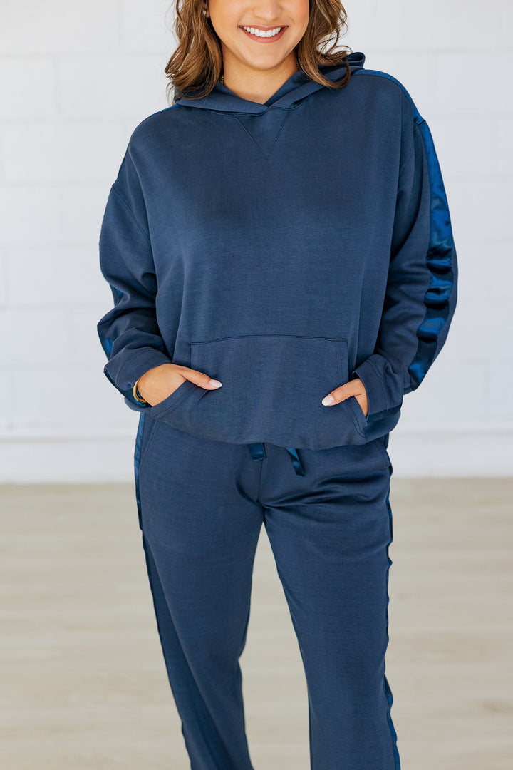 WASHED NAVY SATIN TRIM HOODIE