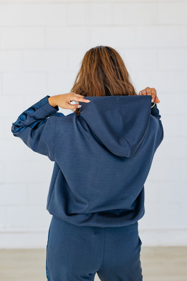 WASHED NAVY SATIN TRIM HOODIE