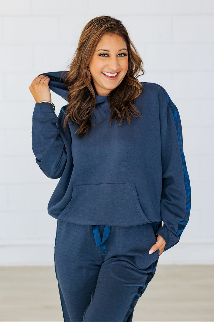 WASHED NAVY SATIN TRIM HOODIE