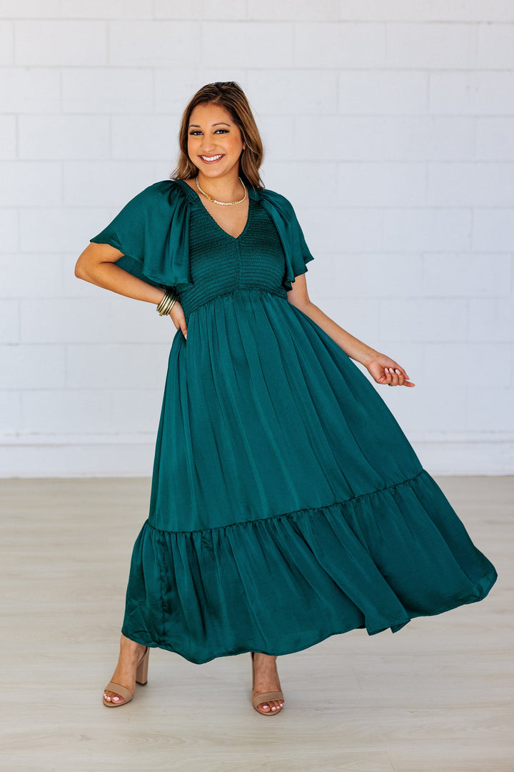 EMERALD SMOCKED SATIN MIDI DRESS