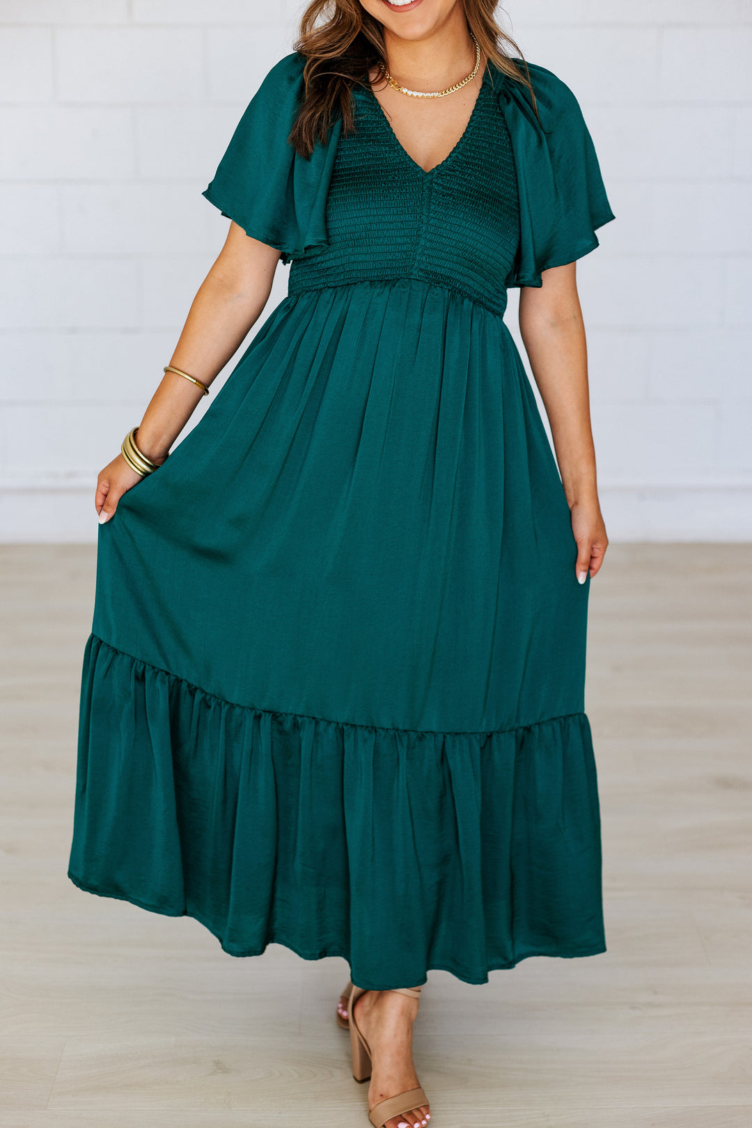 EMERALD SMOCKED SATIN MIDI DRESS