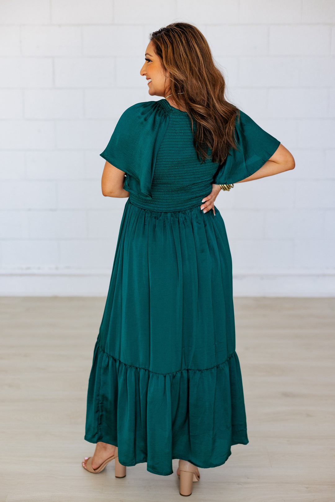 EMERALD SMOCKED SATIN MIDI DRESS