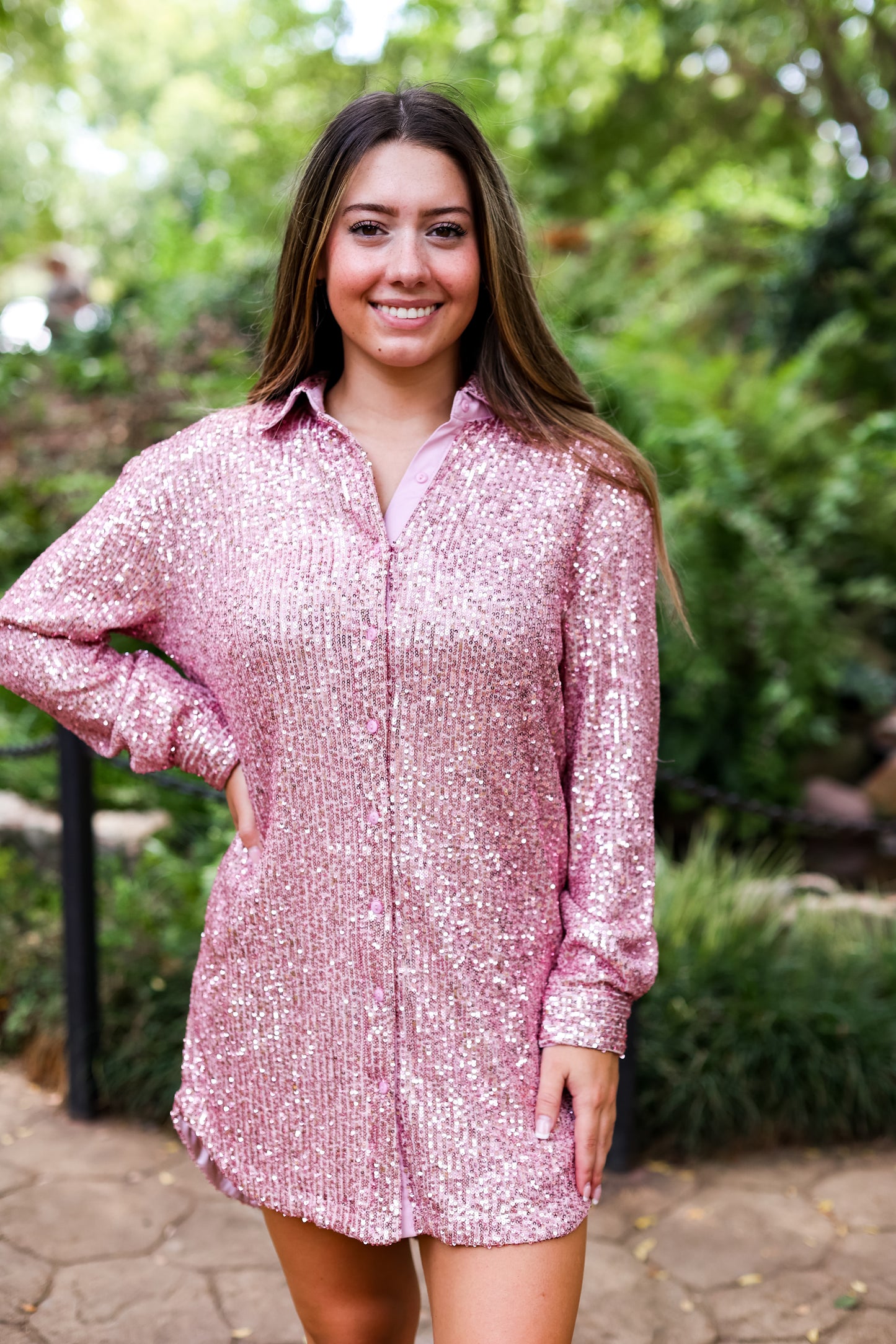 SWEET PINK SEQUIN SHIRT DRESS