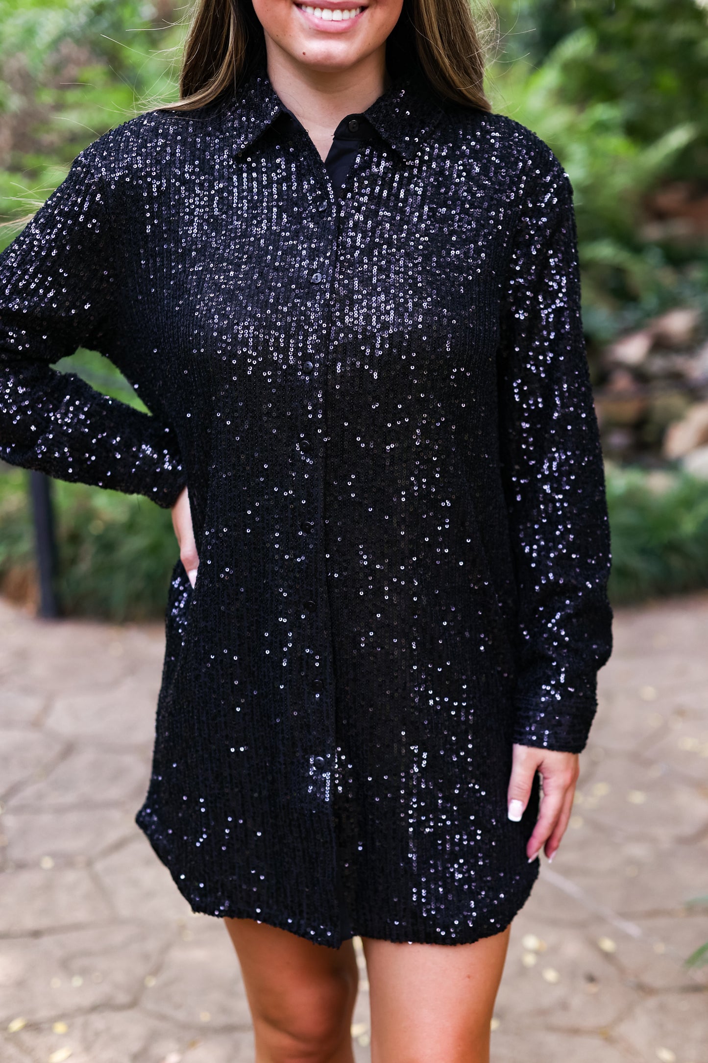 BLACK SEQUIN SHIRT DRESS