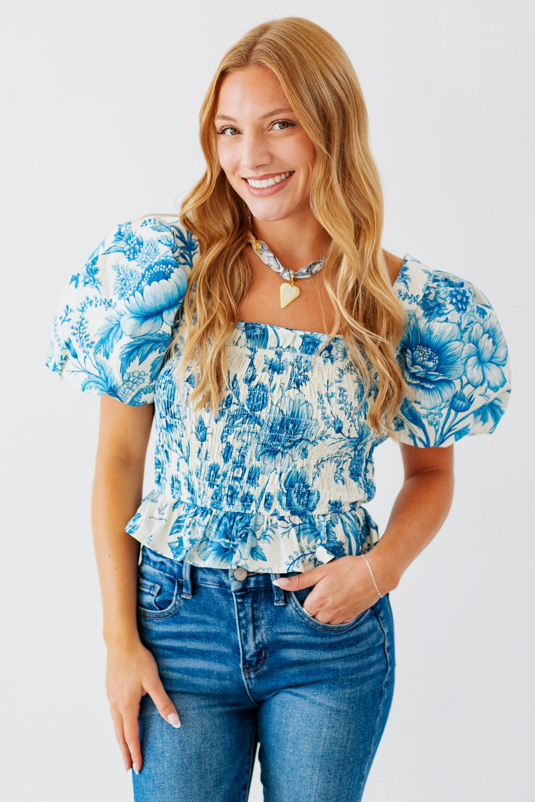 BLUE SKIES FLORAL SMOCK TOP