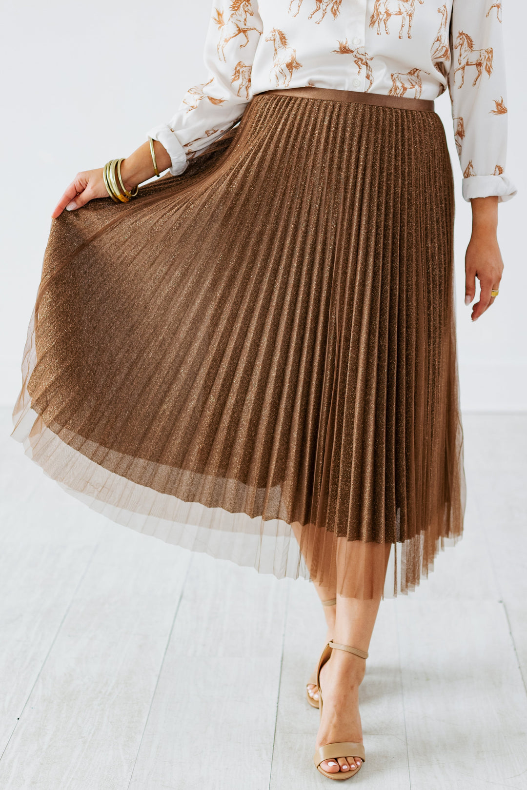SPARKLE MESH MIDI SKIRT- BROWN