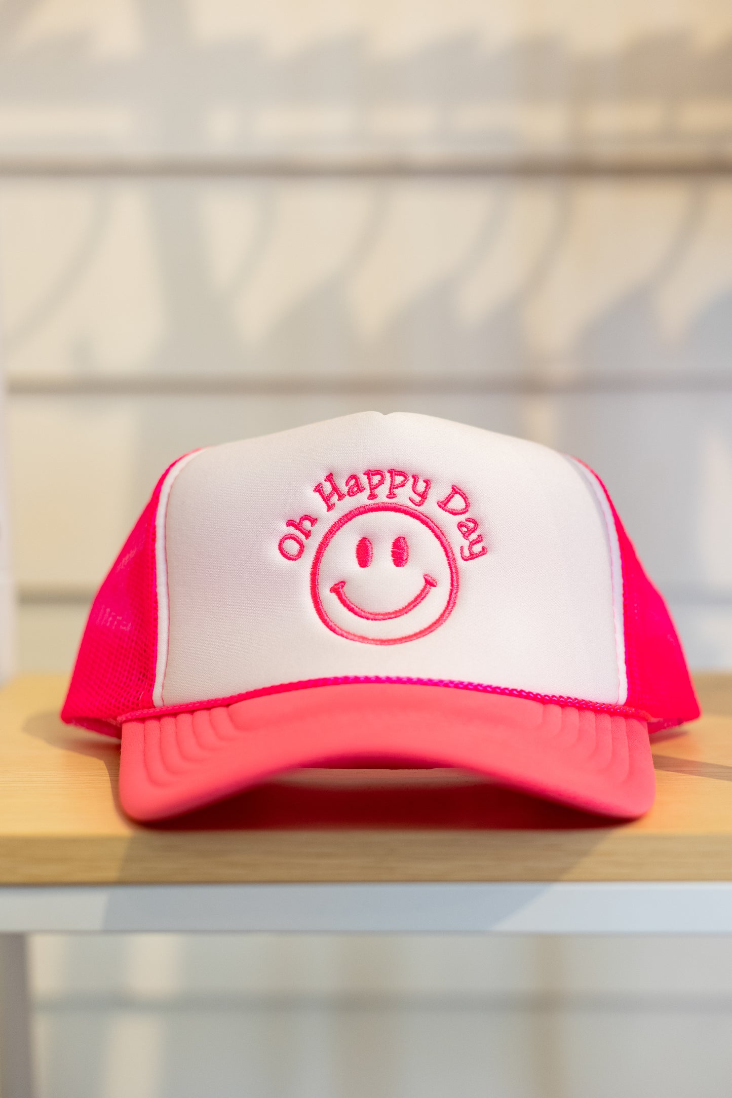 OH HAPPY DAY TRUCKER HAT: NEON PINK