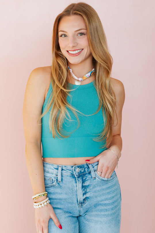 トップス ganko cyan NIKIBIKI: HIGH NECK CHEVRON TANK TOP- DUSTY TEAL – The Palm Tree
