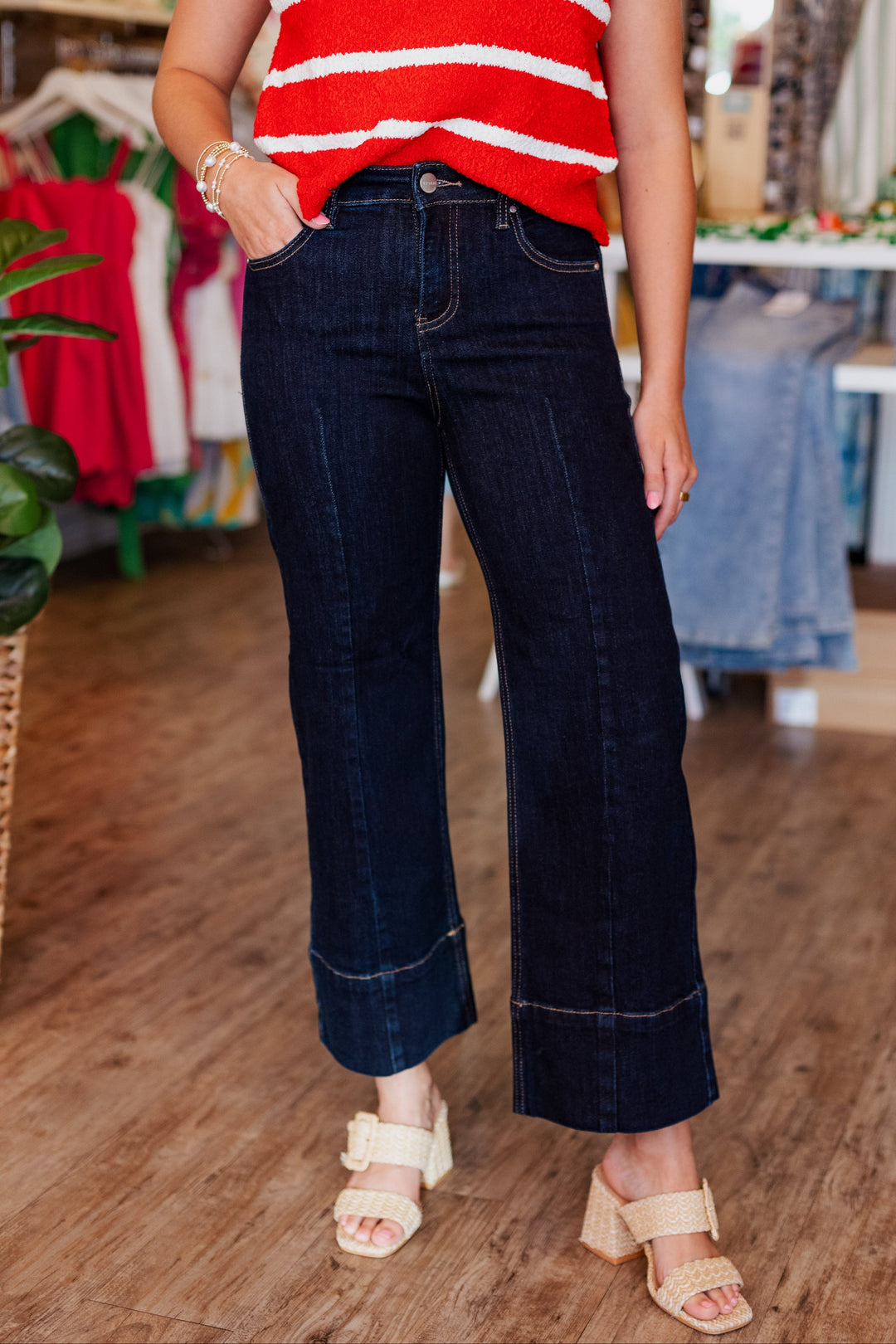 SOLID DARK DENIM CROP WIDE HEM JEAN