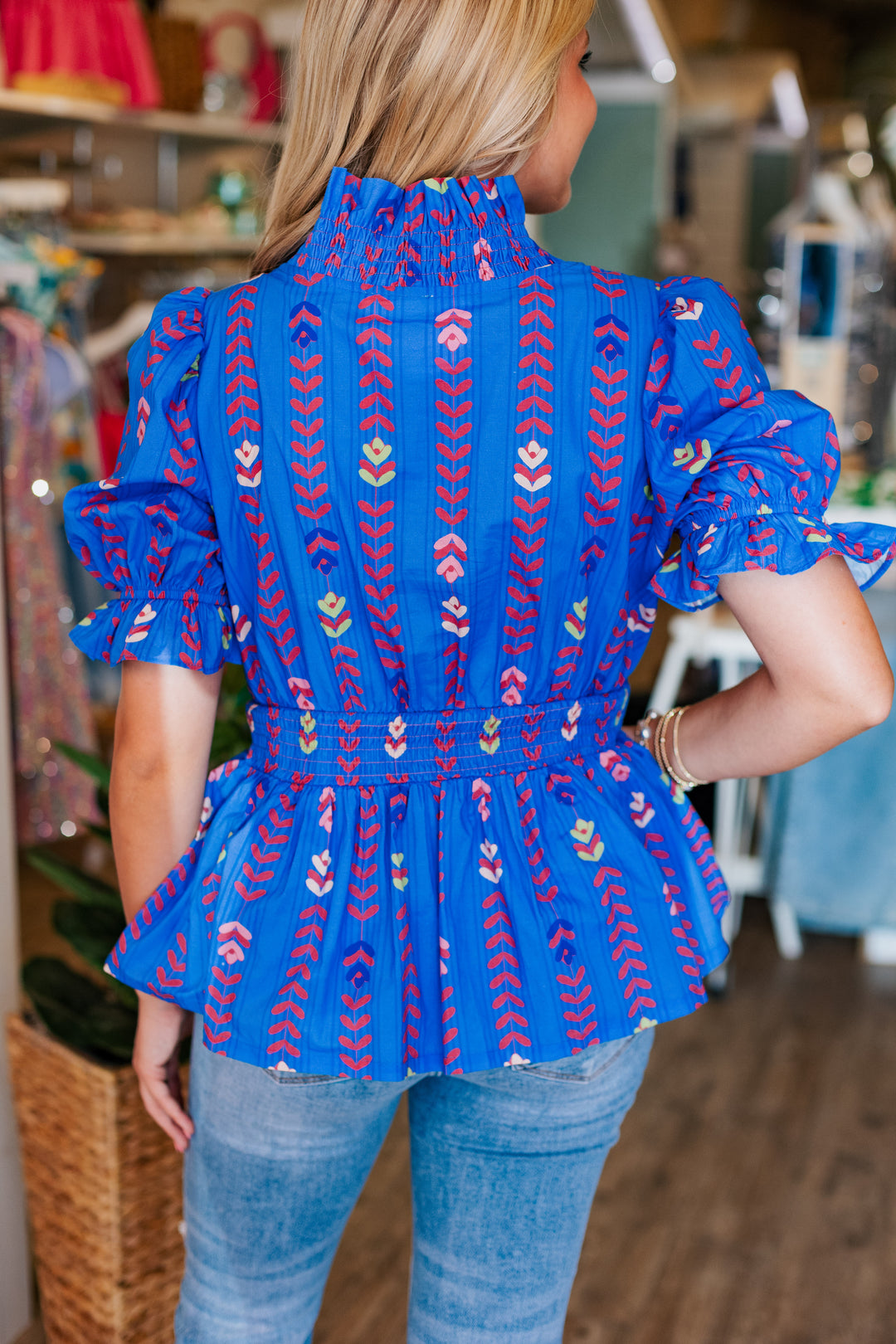 RUFFLE NECKLINE MIXED BLUE PEPLUM TOP