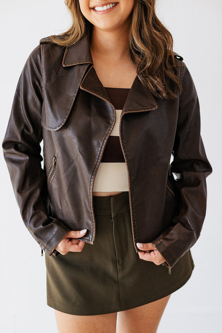 COCO BROWN DISTRESSED FAUX LEATHER JACKET