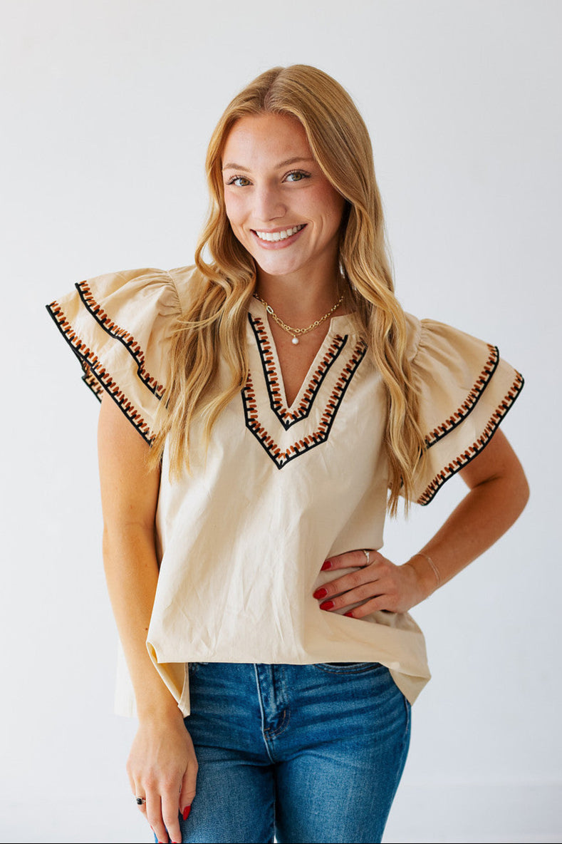 TARA TAUPE FLUTTER SLEEVE TOP
