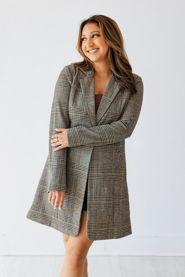 BLACK & TAUPE PLAID LONG LINE JACKET