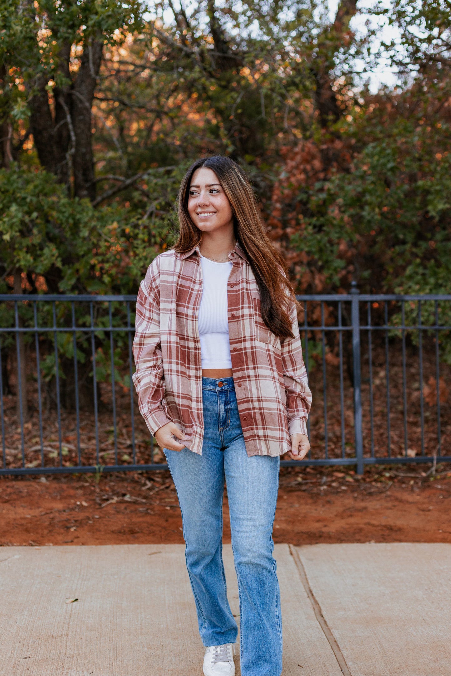 Z SUPPLY: RIVER PLAID TOP TIGER EYE