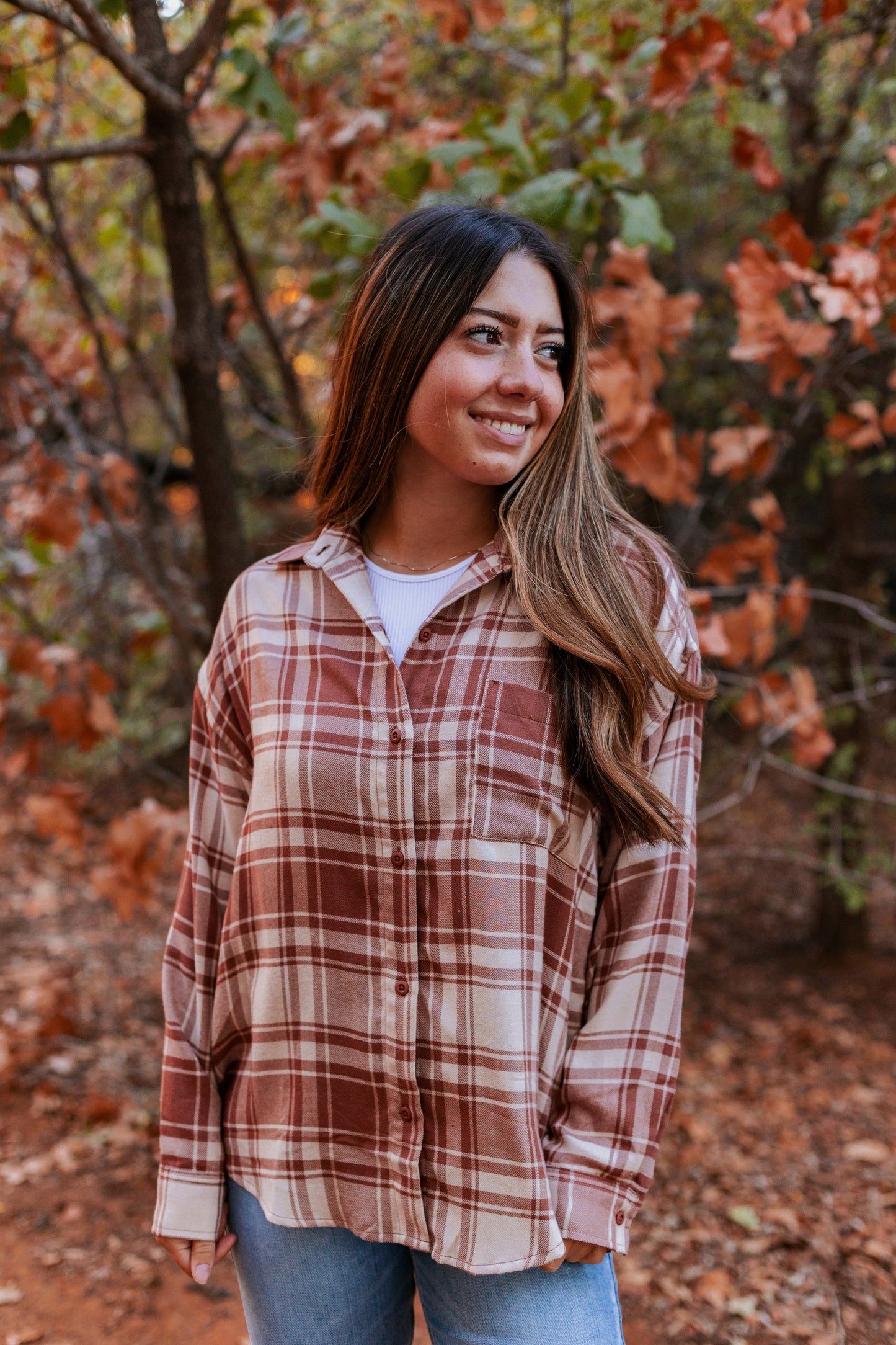 Z SUPPLY: RIVER PLAID TOP TIGER EYE