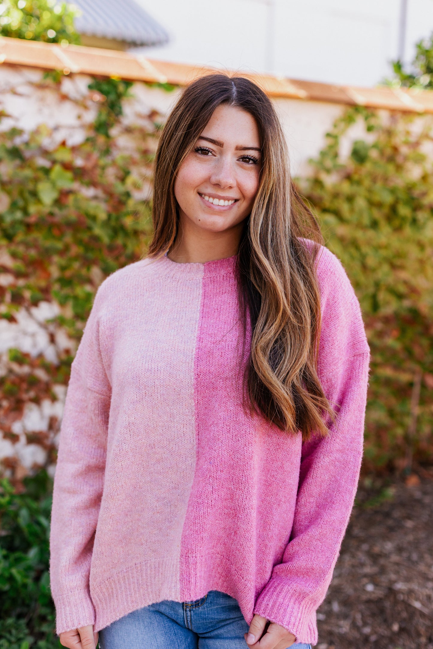 WARM DOWN COLOR BLOCK SWEATER PINK