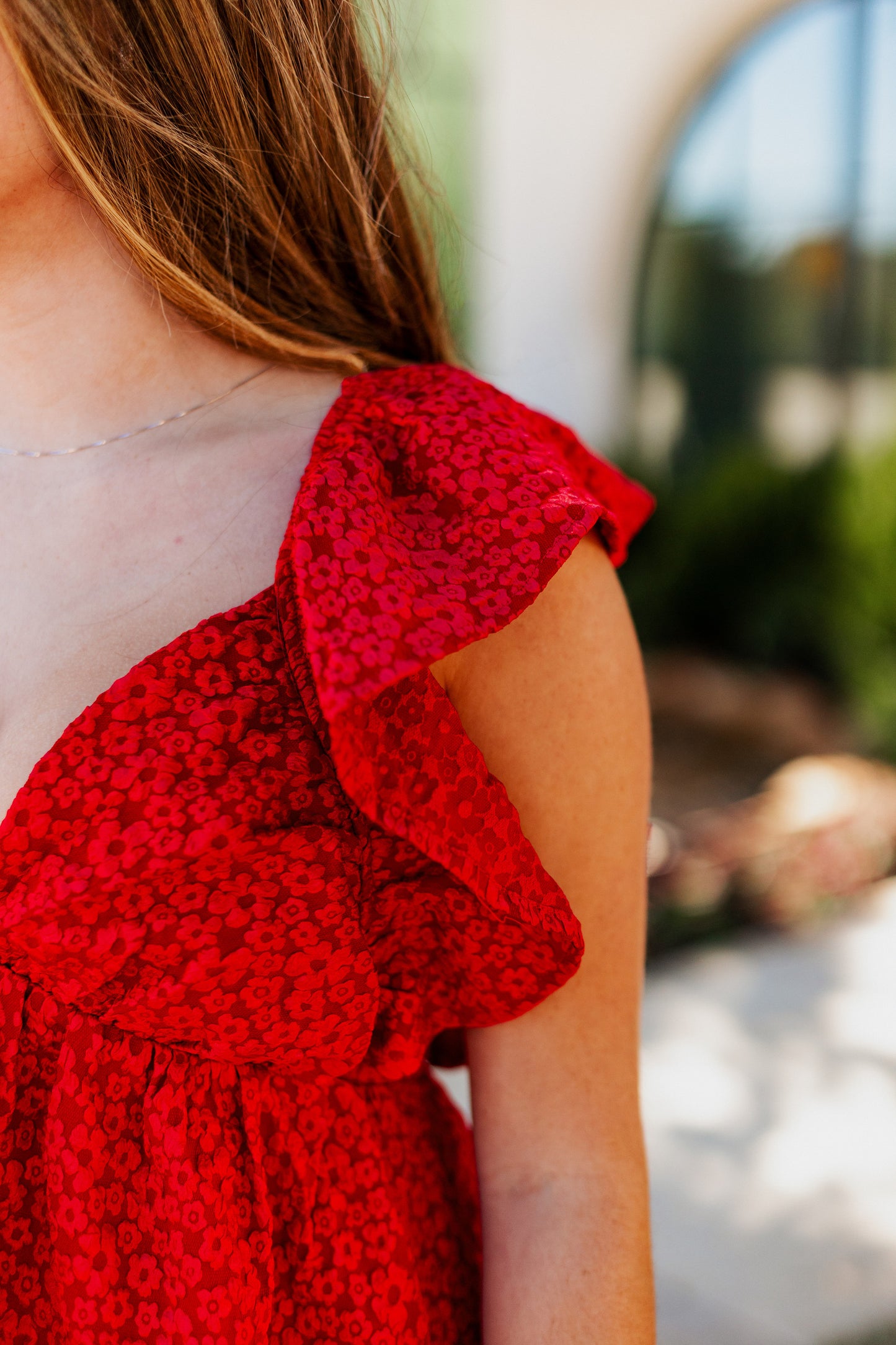 BOTANICAL FLORAL JACQUARD DRESS: RED