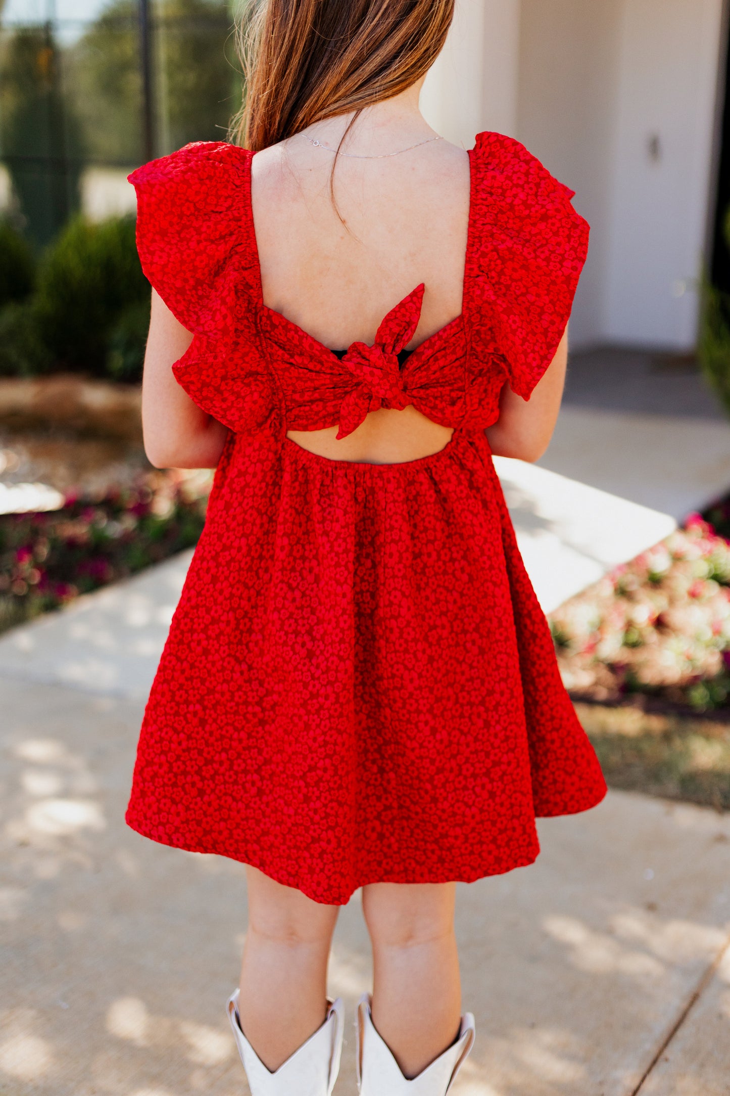 BOTANICAL FLORAL JACQUARD DRESS: RED