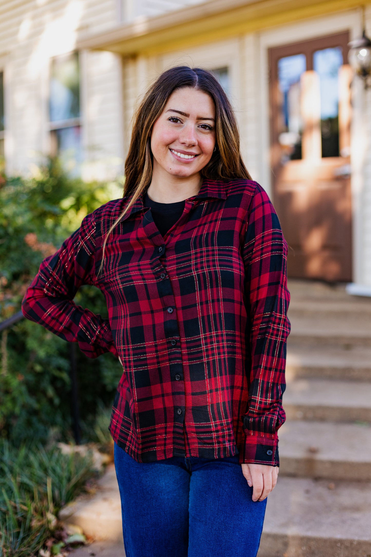 TINSEL BUTTON-UP TOP
