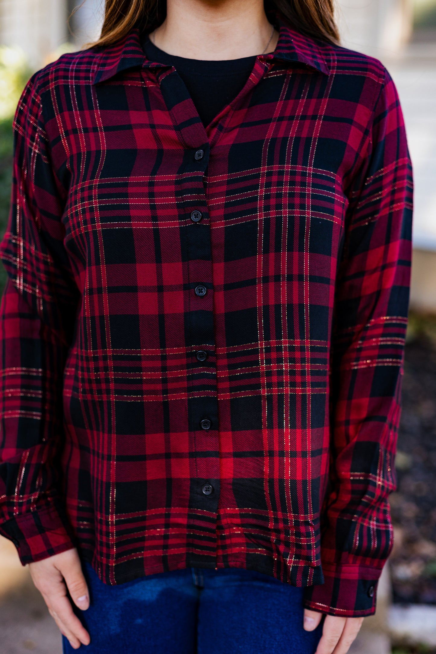 TINSEL BUTTON-UP TOP