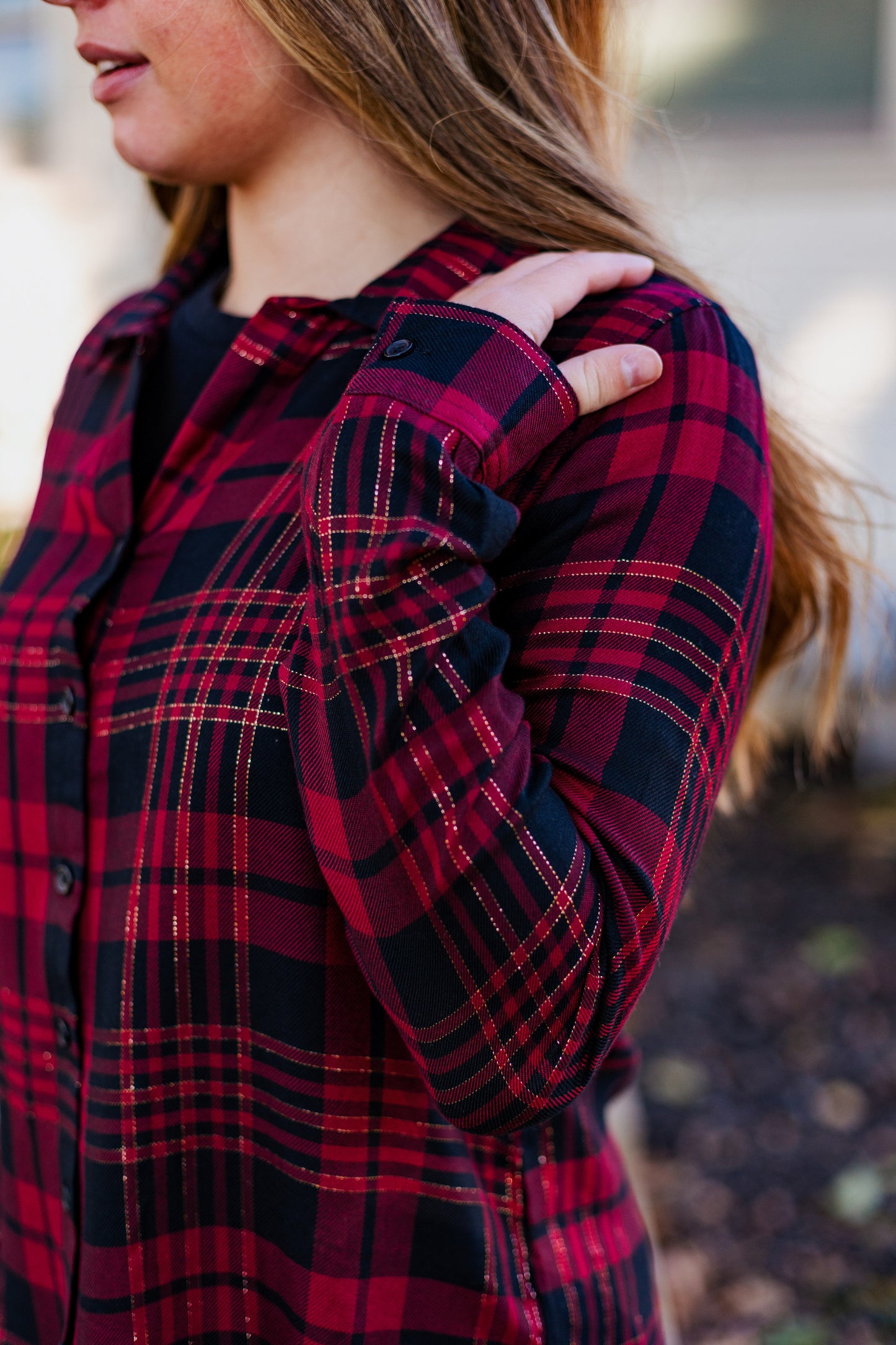 TINSEL BUTTON-UP TOP