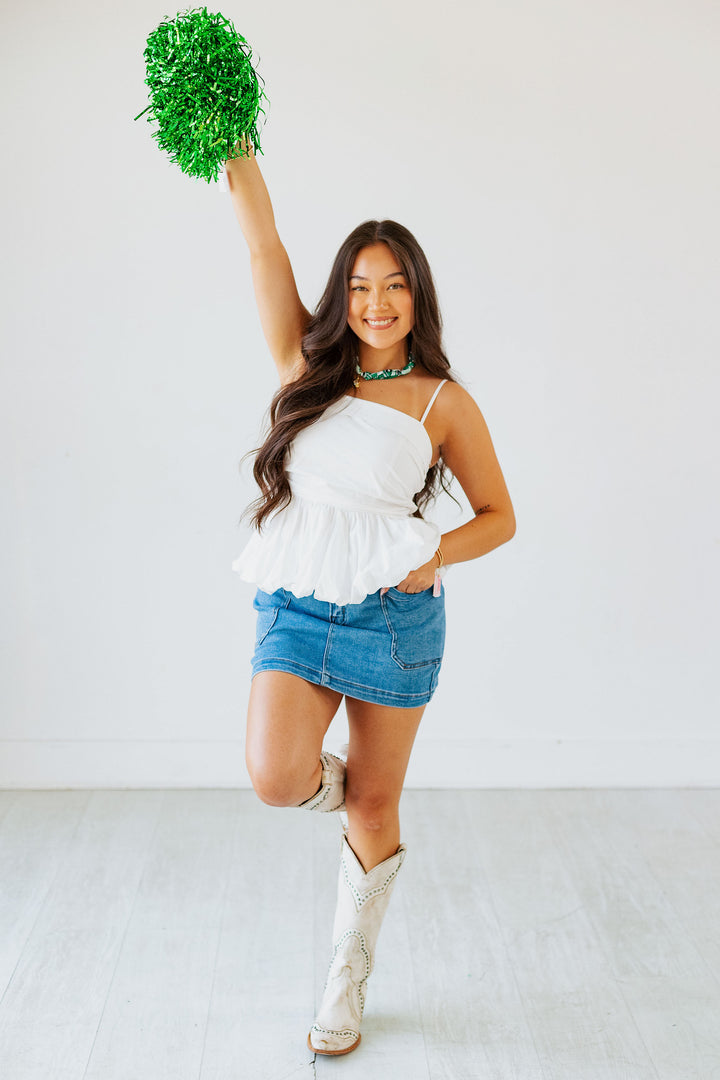 WHITE POPLIN BUBBLE HEM TOP