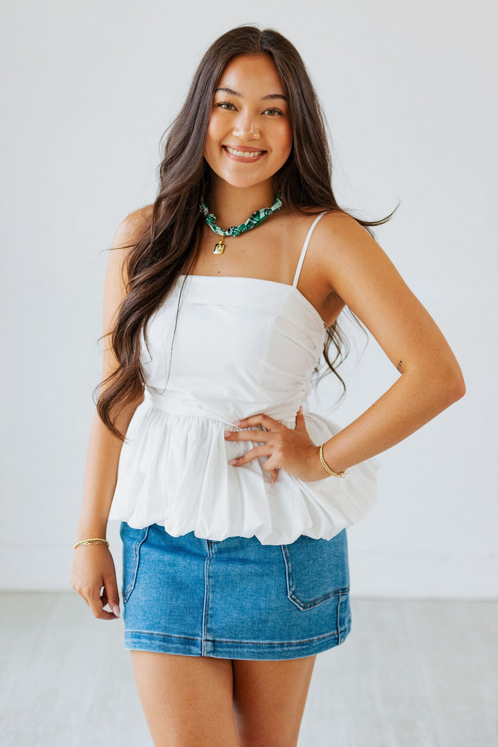 WHITE POPLIN BUBBLE HEM TOP
