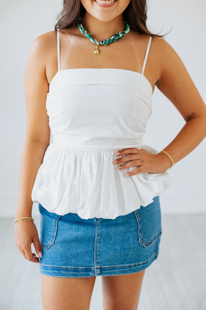 WHITE POPLIN BUBBLE HEM TOP